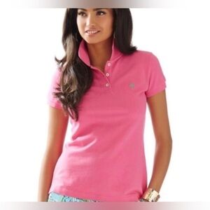 LILLY PULITZER Pink Polo Shirt with Green Embroidered Palm Tree SZ Sm…